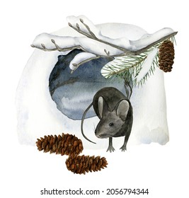 Watercolor Woodland Winter Scene With Mouse And Snow Covered Branches For Holiday Party Invitations, Greetind Cards