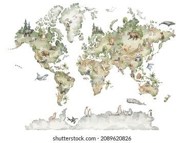 Aquarell-Weltkarte mit Tieren und natürlichen Elementen. Geografische Karte. Handgemalte Erde einzeln auf Weiß. Kindergartendruck