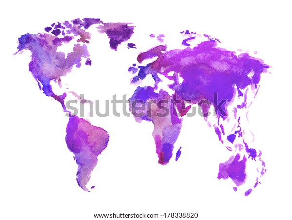 Watercolor world map. Beautiful map with lands and islands. Watercolor