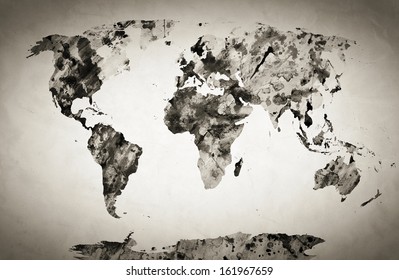 Watercolor World Map. Black And White Paint On Paper, Retro Style. HD Quality