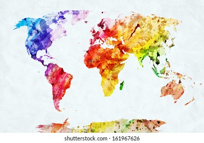 Watercolor World Map. Colorful Paint On White Paper. HD Quality