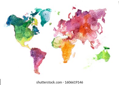 Watercolor world map hand drawn. Aquarelle illustration