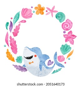 Watercolor Wreath With Baby Shark And Seashells. Baby Shark Illustration For Kids. Baby Shower Clipart. Watercolor Background. Isolated.