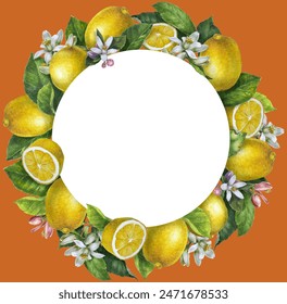 Watercolor wreath with blooming lemon tree branches, flowers and lemons on orange background.Hand-drawn round frame for greeting card,invitation. Summer citrus wedding border, bridal shower. - Powered by Shutterstock