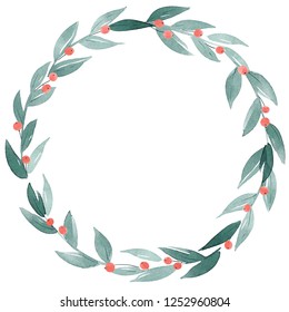 Watercolor Wreath Clip Art. Hand Drawn Decorative Frame Of Branches, Leaves And Berries With Bow Lace. Simple Christmas Decoration.