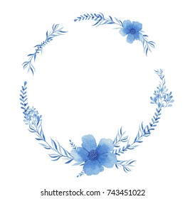 Watercolor wreath of delicate blue flowers. Suitable for wedding invitations and postcards