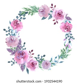 Watercolor wreath of delicate pink roses, flower arrangement