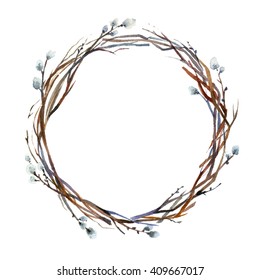 Watercolor Wreath With Feathers In Boho Style. Isolated On White Background. 