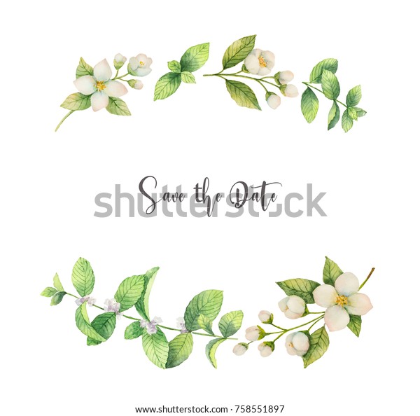 白い背景に水彩の花輪ジャスミンとミント グリーティングカード 結婚式の招待状 自然の化粧品 包装 お茶のデザイン用の花柄イラスト のイラスト素材