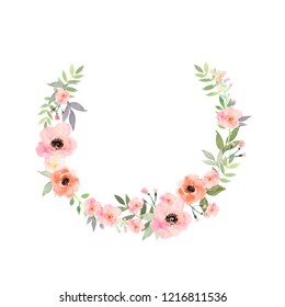 Watercolor wreath with flowers and leaves in circle. Colorful floral ornament for design invitations and cards.Illustration with hand drawn plants. - Powered by Shutterstock