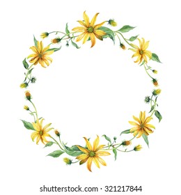 Watercolor wreath or garland. Yellow daisies with green leaves on white background. Can be used as invitation or greeting card, print, your banner.