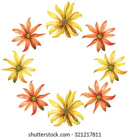 Watercolor wreath or garland. Yellow and orange daisy flowers on white background. Can be used as invitation or greeting card, print, your banner.