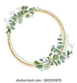 Watercolor Wreath Green Floral With Eucalyptus Greenery Leaves On Golden Frame. Baby Nursery Decor, Greenery Baby Shower, Wedding Card, Greenery Invintation Card .