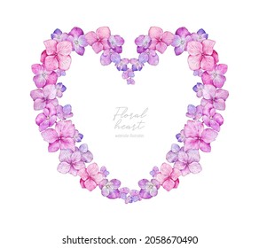 Watercolor wreath heart with Hydrangea flowers. Hand painted botanical Hydrangea on white background. Delicate pink lilac flowers. Hand drawn illustration for wedding invitations, prints