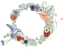Serre à L'aquarelle Avec Colibri, Fleurs, Eucalyptus Et Feuilles De Monstère. Illustration Dessinée à La Main