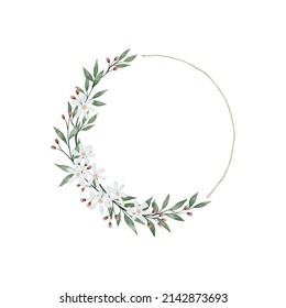 Watercolor  wreath with leaves, flowers and dry branches. Hand painted holiday frame with plants isolated on white background. Floral illustration for greeting card design, print, fabric, background.