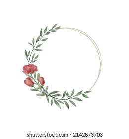 Watercolor  wreath with leaves, flowers and dry branches. Hand painted holiday frame with plants isolated on white background. Floral illustration for design, print, fabric or background.