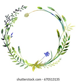 a watercolor wreath made of field meadow herbs,plants,twigs;a hand painted illustration; a green round frame;a circle herbal composition;isolated on white background;great to frame texts,quotes,logos