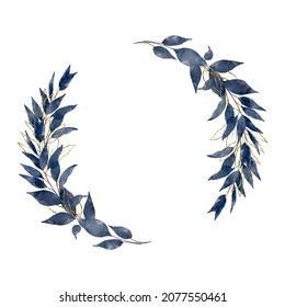 Watercolor Wreath With Navy Blue And Gold Leaves Isolated On A White Background. For Wedding Invitation, Wrapping, Gift, Greeting Cards And Other Design Ideas.