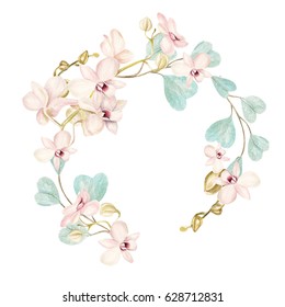 Watercolor Wreath With Orchid Flowers. Illustration.