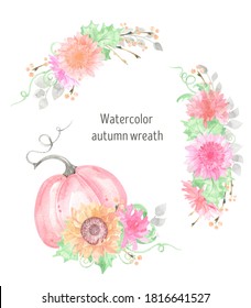 Watercolor Wreath Pumpkin, Harvest, Autumn, Pumpkin Garden, Autumn Flowers. Thanksgiving Day, Halloween. Autumn Wedding. Fall Illustration. Fall Baby Shower. Аutumn Bouquet, Sunflowers, Dahlias