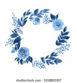 バラの水彩花輪 藍色手描きの花柄 のイラスト素材 Shutterstock
