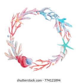 Watercolor Wreath Round Sea Shell And Coral . Invitation Card Template