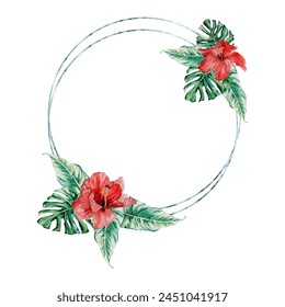 Watercolor wreath with tropical leaves and red hibiscus flowers. Floral wreath for wedding invitations, greeting cards. - Powered by Shutterstock