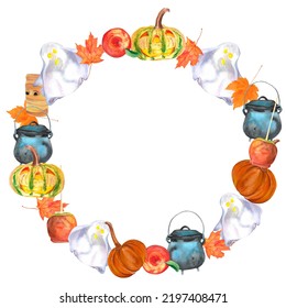 Watercolor wreath vintage cast iron witch's cauldron  cute little ghost  caramel apple   halloween pumpkin  isolated white background  Magic hand drawn collection  Perfect for card design