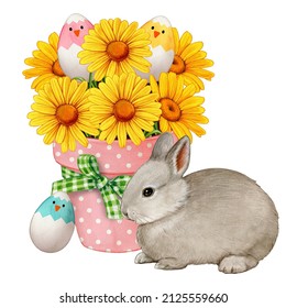 Watercolor yellow daisy bouquet with easter eggs and bunny