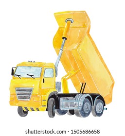 Watercolor Yellow Dump Truck Isolated Over White Background. Building And Construction. Machinery And Equipment. Hand Drawn Illustration