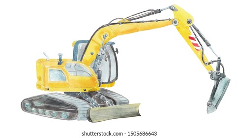 Watercolor Yellow Excavator Isolated Over White Background. Building And Construction. Machinery And Equipment. Hand Drawn Illustration