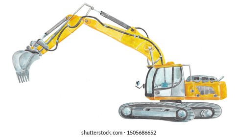 Watercolor Yellow Excavator Isolated Over White Background. Building And Construction. Machinery And Equipment. Hand Drawn Illustration