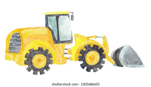 Watercolor Yellow Excavator Isolated Over White Background. Building And Construction. Machinery And Equipment. Hand Drawn Illustration