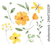 Watercolor yellow flowers and green leaves, floral illustration for greeting card, invitation and other printing design. Isolated on white. Hand drawing.