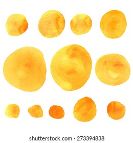 Watercolor yellow, orange circle paint stains set, sun, moon isolated on white background. Hand painting on paper