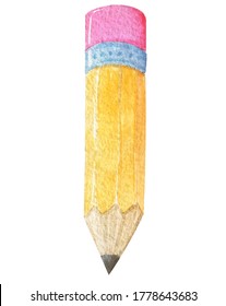 Watercolor Yellow Pencil Isolated On White Background. School Stationery