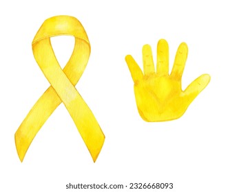 Watercolor yellow ribbon and children`s hand. Symbol of Childhood Cancer Awareness Month. Hand drawed watercolor illustration isolated on white. - Powered by Shutterstock