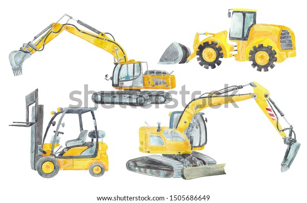 白い背景に水色の黄色のトラクター 掘削機 ミニローダー 建築と建設 機械と設備 手描きのイラストセット のイラスト素材