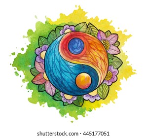 Watercolor yin yang simbol. Watercolor tattoo.