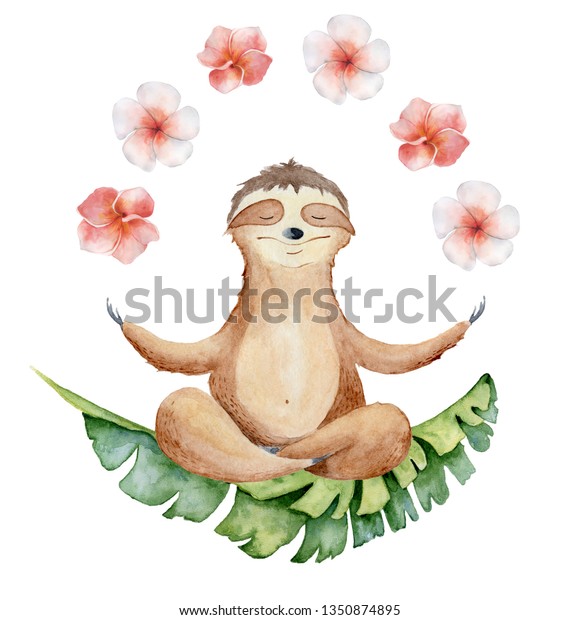 水彩ヨガのスロスでハスの位置に花とかわいい動物の手描きのイラスト のイラスト素材 Shutterstock