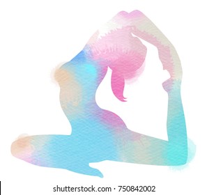 Watercolor Yoga Woman Silhouette On White Background. Digital Art Painting.