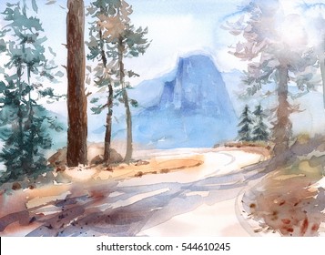Watercolor Yosemite Landscape with Mountain on the Background Hand Painted Illustration