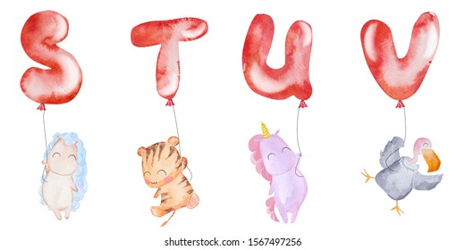 Watercolor zoo alphabet. Animals alphabet. Letters from S to V. S for sheep, T for tiger, U for unicorn, V for vulture
