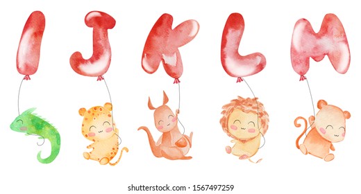 Watercolor zoo alphabet. Animals alphabet. Letters from I to M. I for iguana, J for jaguar, K for kangaroo, L for lion, M for monkey