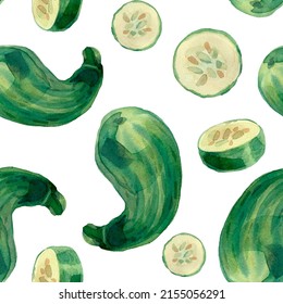 Watercolor Zucchini On Seamless Pattern On White Background. Watercolor Hand Drawing Illustration. Green Vegetable. Perfect For Food Design.