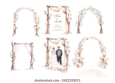 Watercolorcouple bride and groom in boho style wedding. Digital marriage illustration. Love wedding invitation. save the date. - Powered by Shutterstock