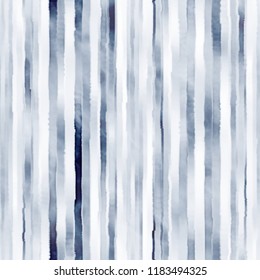 Watercolor-Dyed Striped Textured Background In Tonal Blue Palette. Seamless Pattern.