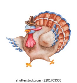 Watercolorr Turkey Bird In Pilgrim Brown Hat. Running Cartoon Animal Character. Traditional Thanksgiving Bird Icon. Watercolor Illustration, Hand Painted. Isolated Clip Art For Prints, Posters, Cards