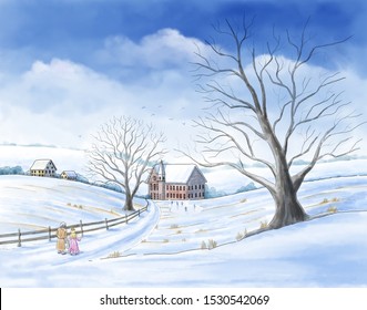 A Watercolor-style Illustration Of A Scene From Charles Dickensâ€™ Book â€œA Christmas Carolâ€ With Ebenezer Scrooge Visiting His Childhood With The Ghost Of Christmas Past.